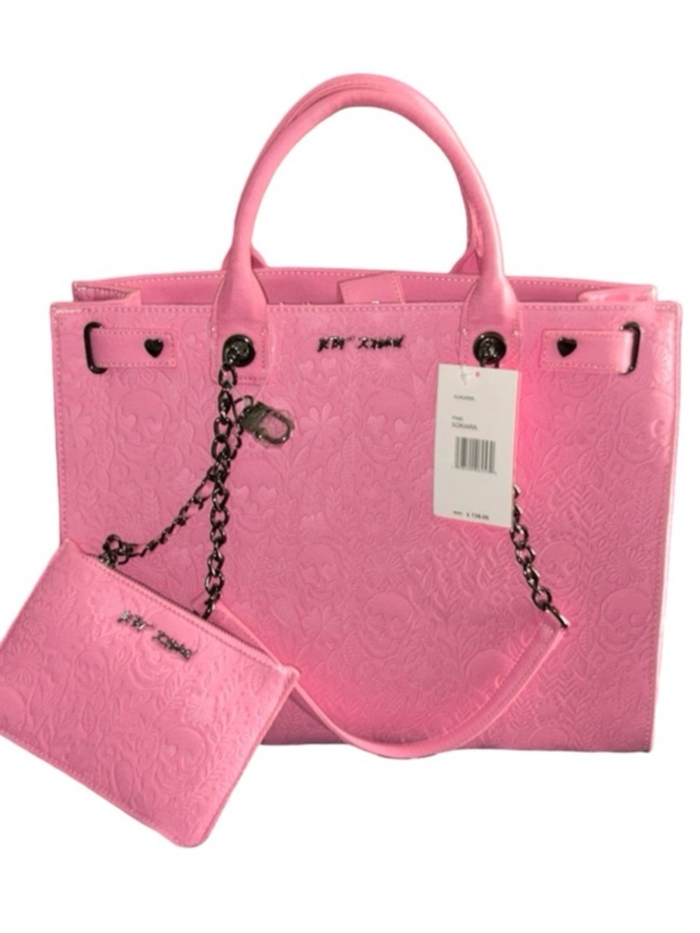 BETSEY JOHNSON XL PINK SUGAR SKULL & FLOWERS DOUBLE HANDLE/CHAIN STRAPS NWT - Picture 5 of 12
